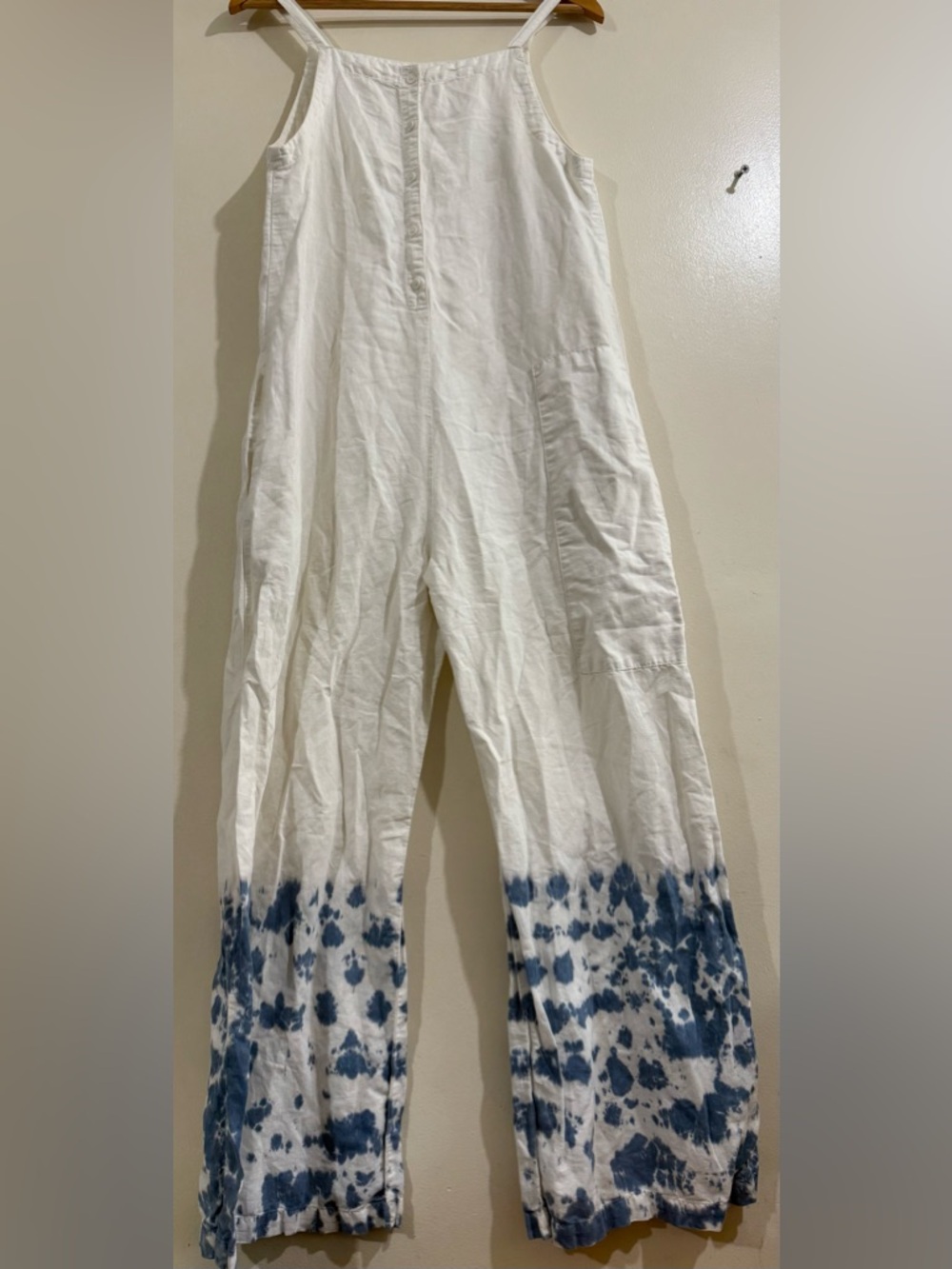 LACAUSA White Cotton Jumpsuit with Blue Tie-Dye Hem